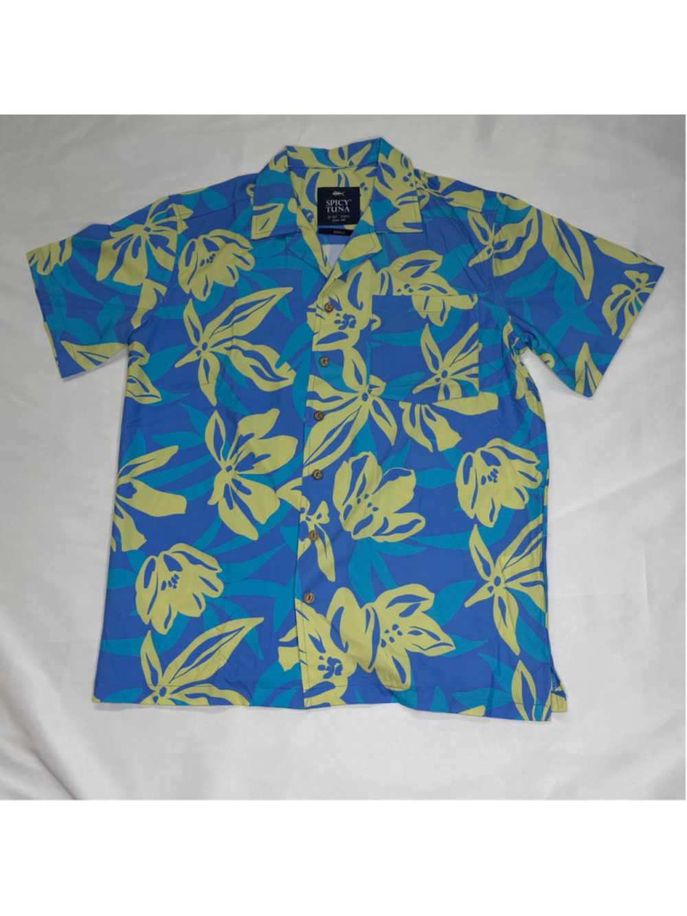 Spicy Tuna Mens Hawaiian Shirt Small Blue Green Floral Button Up Camp Short Slee